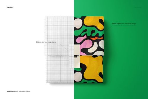 Packaging mockup featuring tissue paper wrapped with a vertical sticker, half in grid design and half in vibrant colors.