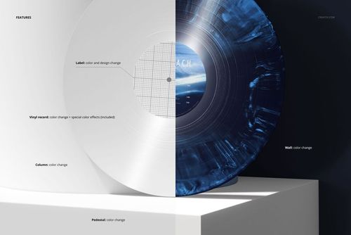 Front view of a vinyl record mockup showing a split design with one half in white and the other in blue marble, displayed on a pedestal.