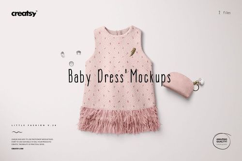 Front view of a sleeveless baby dress mockup in soft pink with tiny dot pattern and feathered hem, set on a light background.