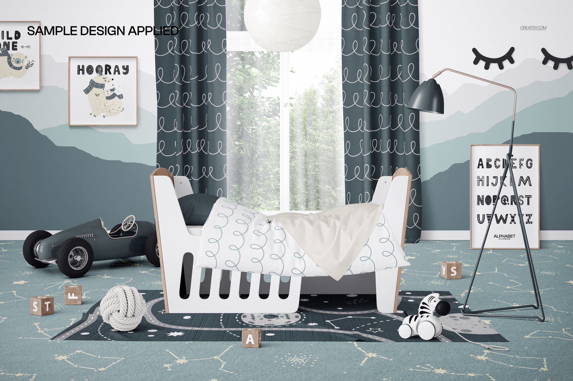 Front view of a toddler bed mockup in a stylish nursery, featuring decorative curtains and a toy car.