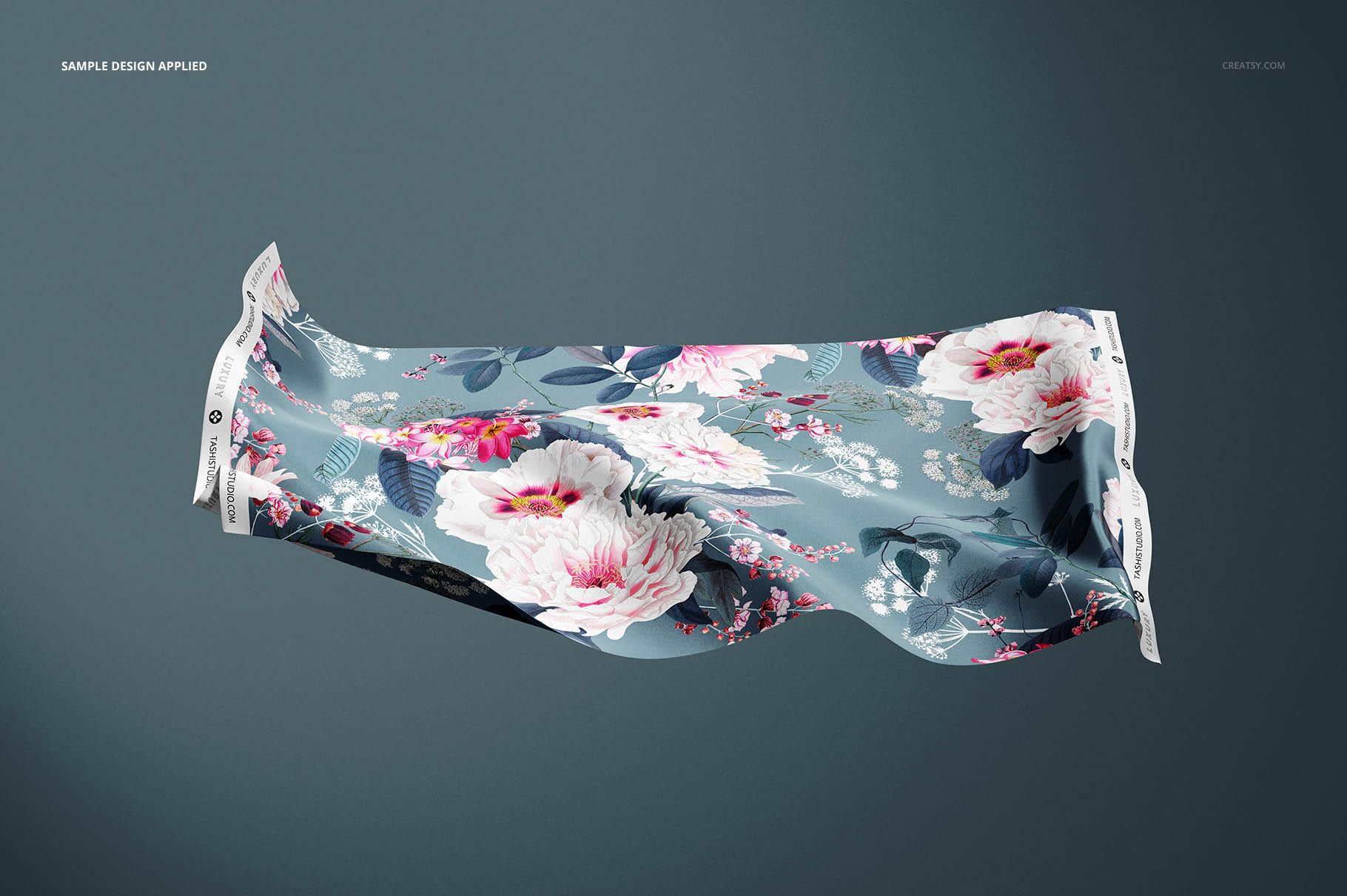 Front view of a 42x70 inch silk swatch mockup featuring large pink and white flowers on a blue-gray fabric.