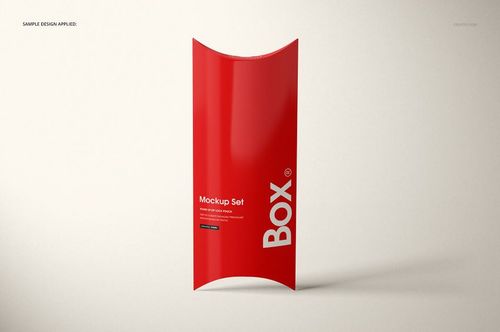 Red pillow box mockup with glossy finish, displayed upright against a plain off-white backdrop, front perspective.