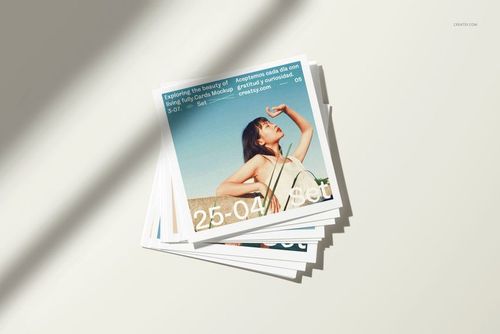 4x4 inch square photo prints mockup set showing a pile of printed images with blue sky backgrounds on a neutral table.