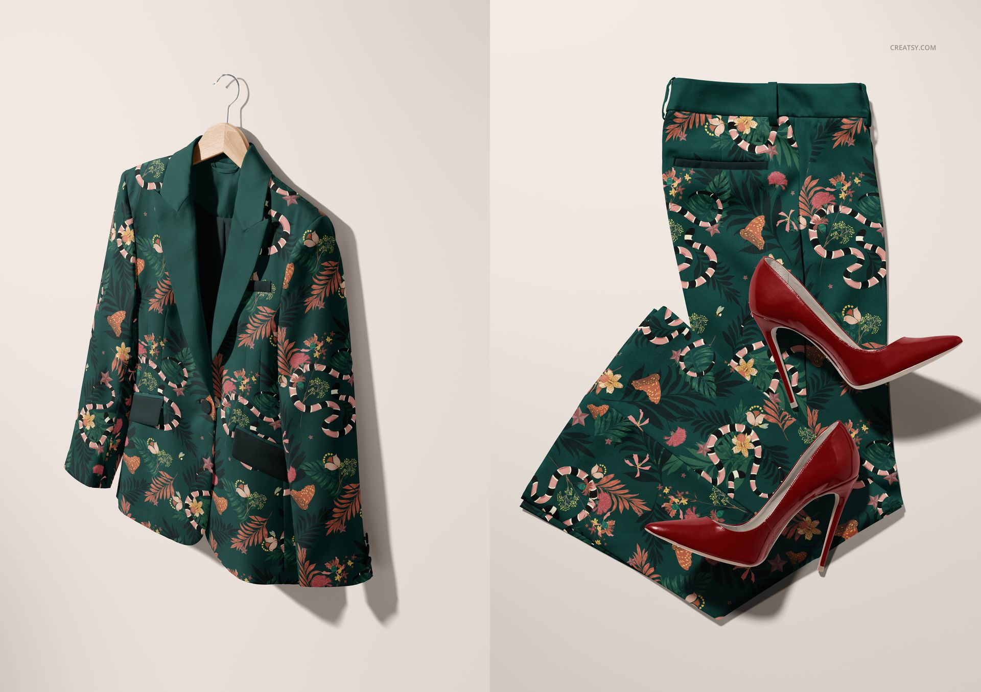 Elegant two-piece suit mockup featuring a green floral blazer on a hanger and matching trousers with red heels.