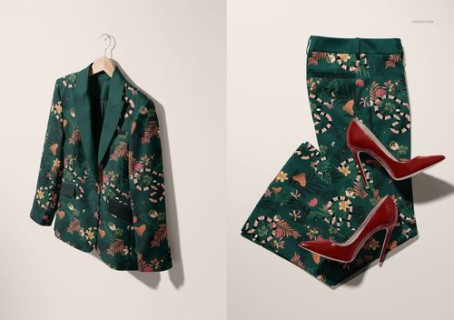 Elegant two-piece suit mockup featuring a green floral blazer on a hanger and matching trousers with red heels.