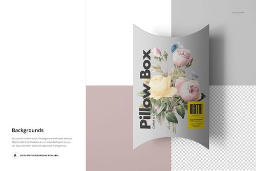 PSD mockup of a matte pillow box featuring pastel flowers, displayed upright on a geometric, multi-color backdrop.