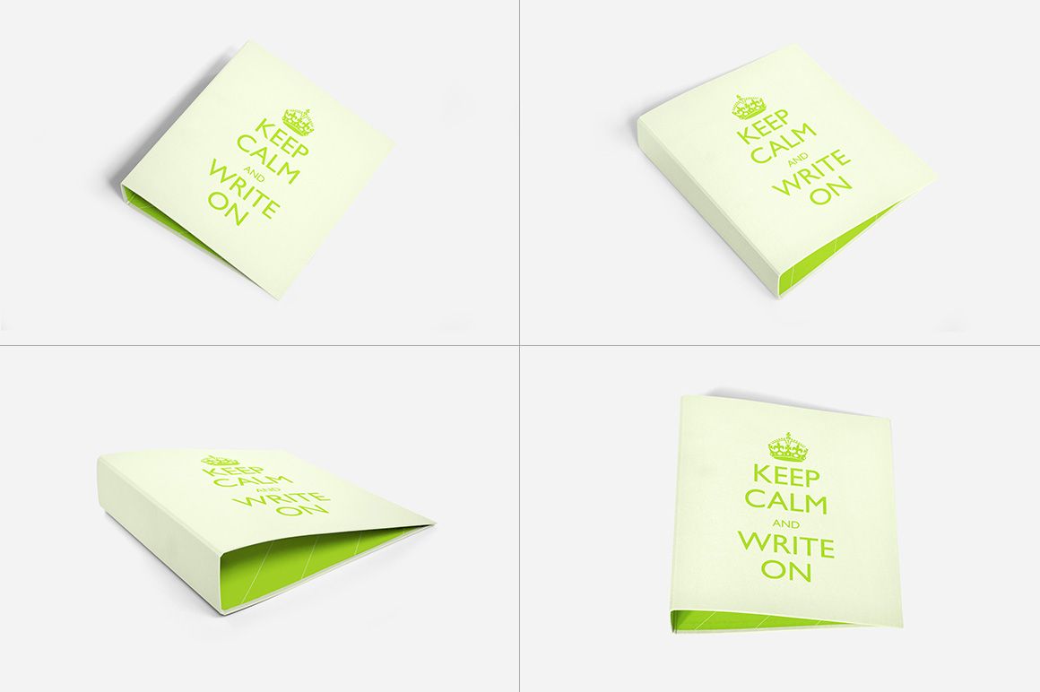 Binder mockup set showing four different angles of a light green binder with a motivational text on the cover.