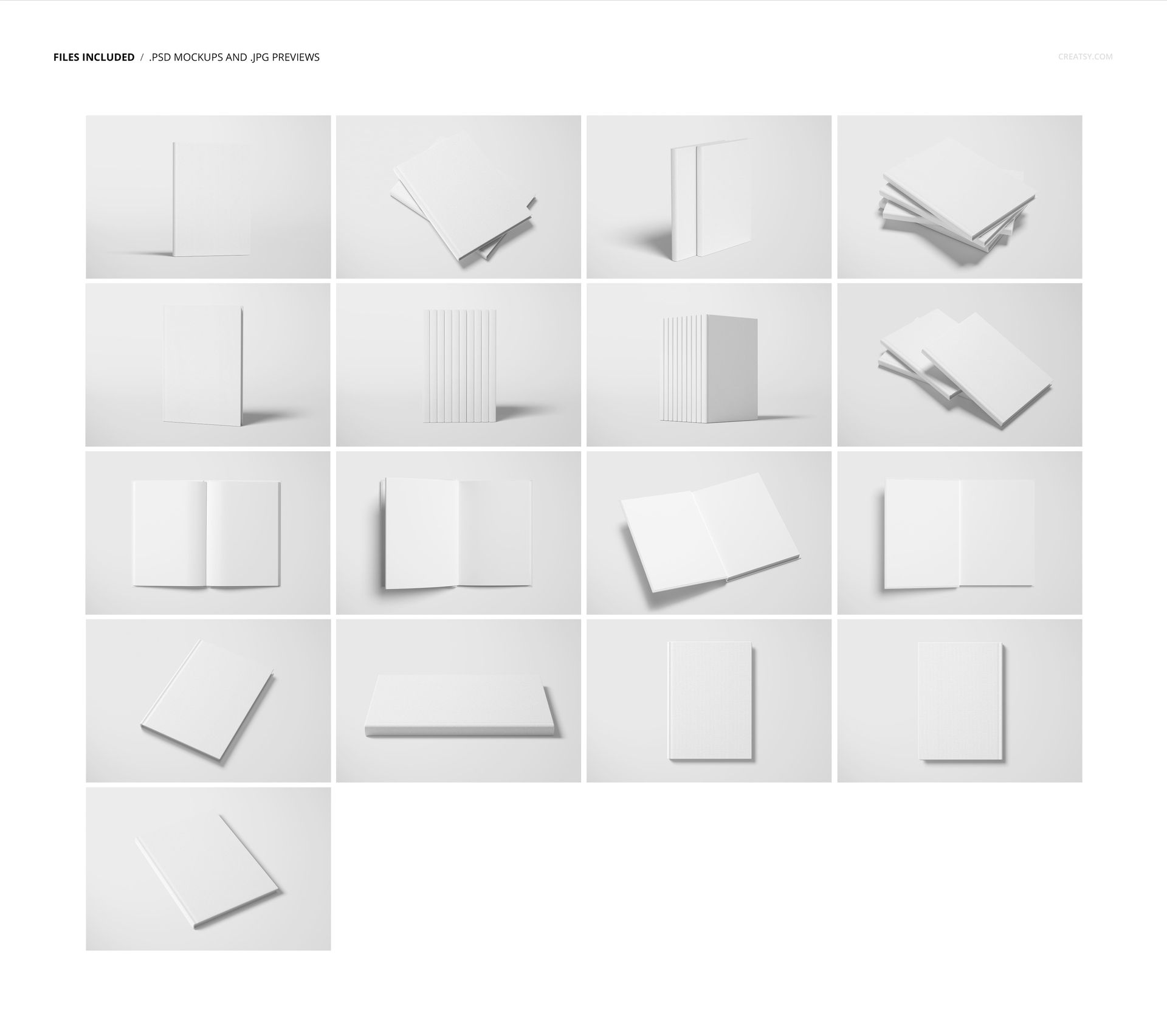 Hardcover book mockup set showing multiple white buckram cloth cover books in various open and closed positions on a light background.