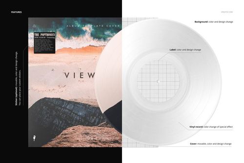 Front view of a vinyl record and cover mockup with split effect, showing a landscape design and white record.