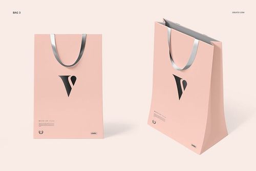 Front and angled views of two light pink gift bags with metallic handles on a neutral backdrop, PSD mockup style.