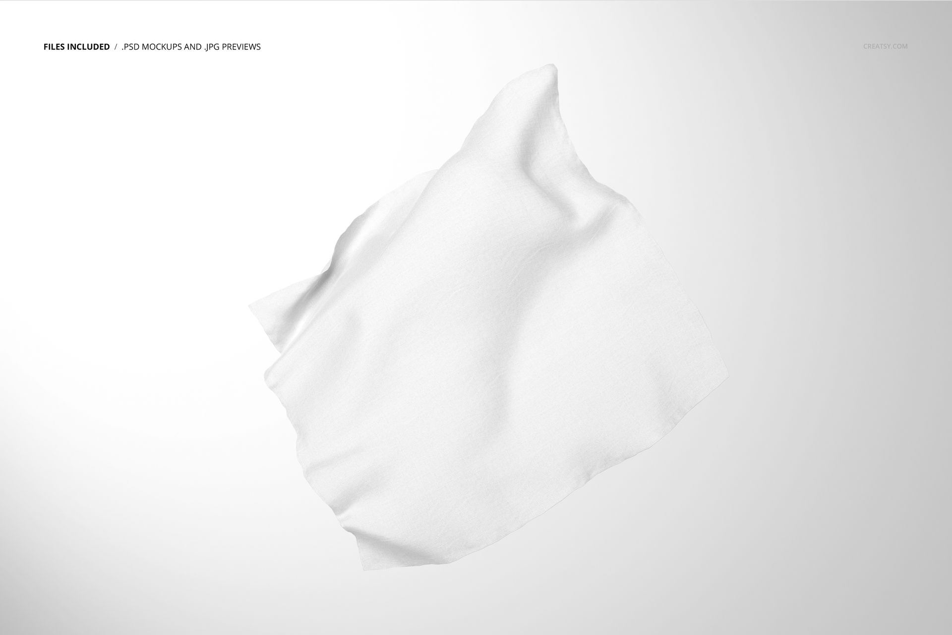 Floating square fabric with soft folds, viewed from above against a light gray background, mockup scene.