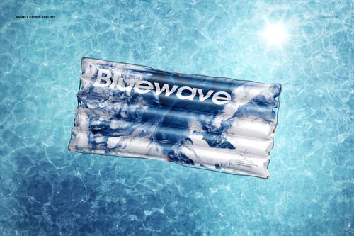 PSD mockup of a pool float with a swirling blue and white print, positioned on sparkling water, top perspective.