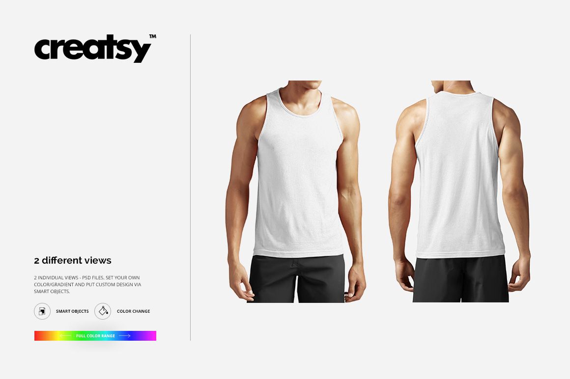 Men's tank top mockup showing front and back views on a plain white background, worn by a male model.