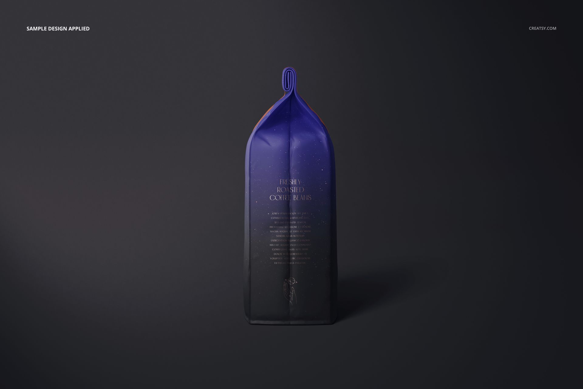 Matte finish coffee bag mockup standing upright on a dark surface, featuring a gradient blue and black design.