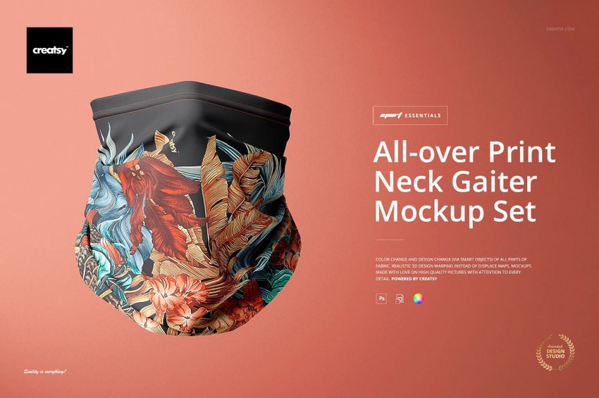 Front view of a neck gaiter with vibrant all-over botanical and animal print on a peach background, fashion accessory mockup.