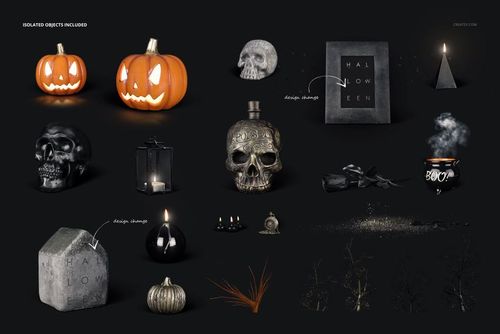 Front view of Halloween mockup featuring pumpkins, skull, lantern, potion bottle, candles, and spooky decor elements.