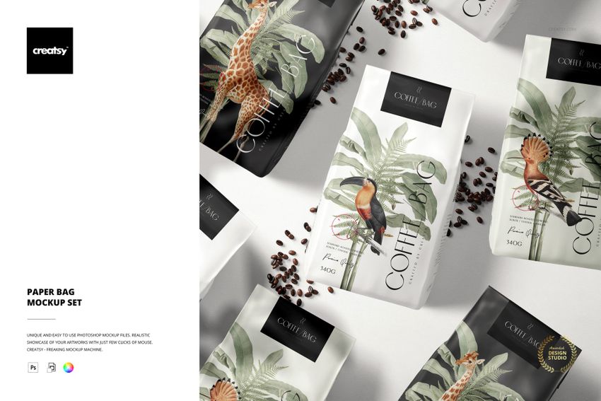 Paper coffee bag mockup set displayed from above, featuring tropical plant and bird designs with coffee beans around.