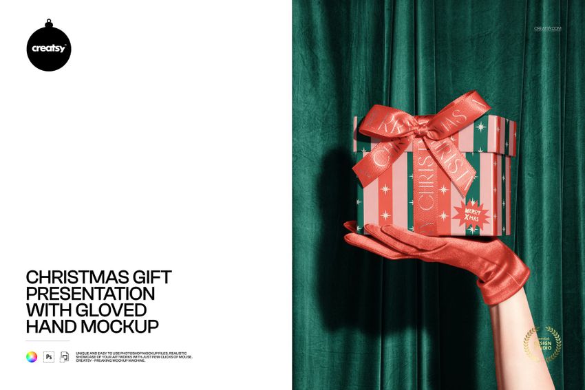 Christmas gift PSD mockup featuring a gloved hand presenting a decorated box with ribbon, set against a velvet curtain.
