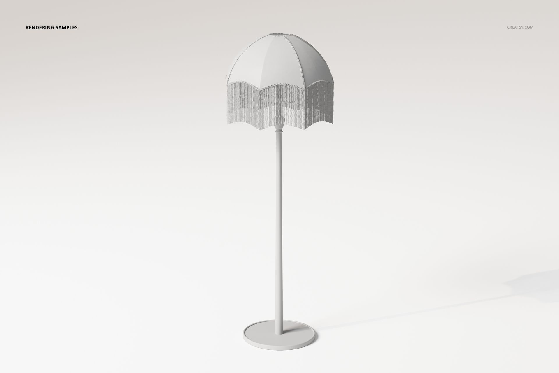 Vintage style floor lamp with a fringed shade, shown in a front view against a plain light background.