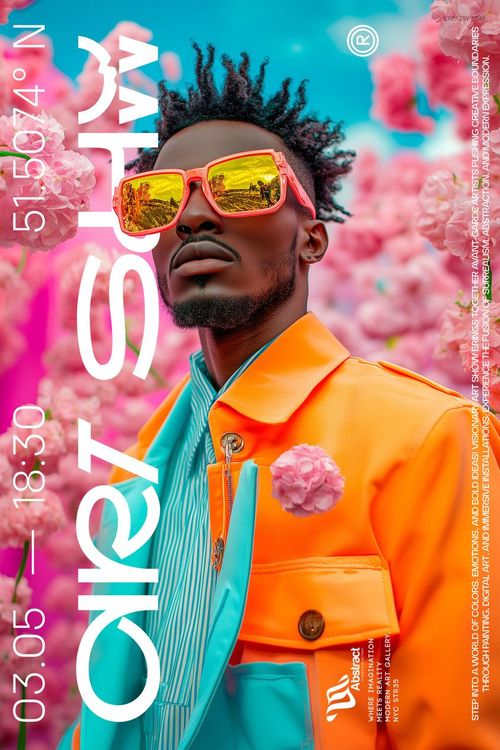 Front view of a vibrant poster mockup featuring a person in a bright orange and blue jacket with pink flowers in the background.