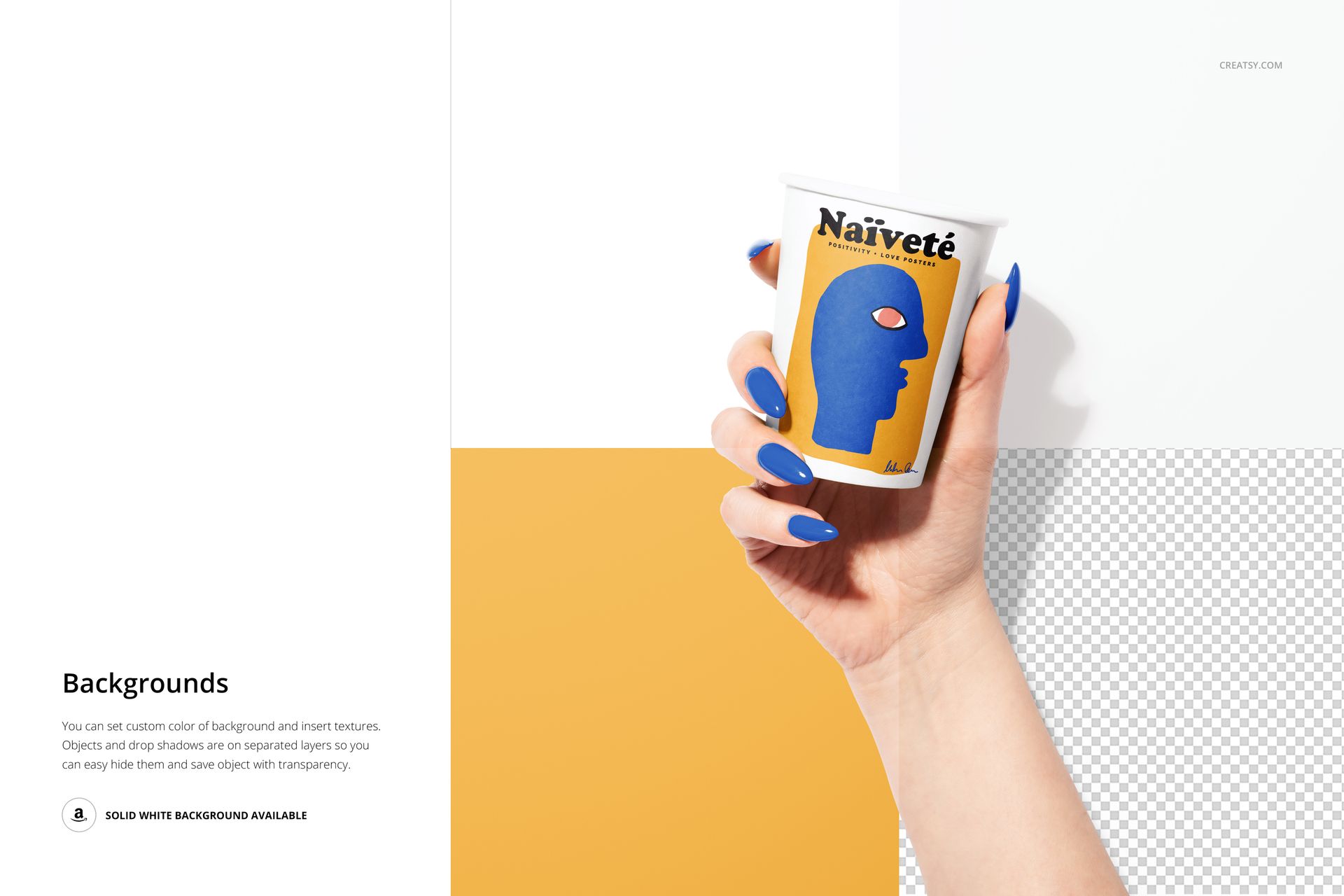 Paper cup mockup held in female hand, displaying a bold face artwork, with white, yellow, and transparent background sections.