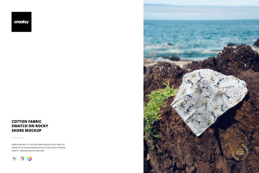Cotton Fabric Swatch on Rocky Shore Mockup - mockup screenshot 1