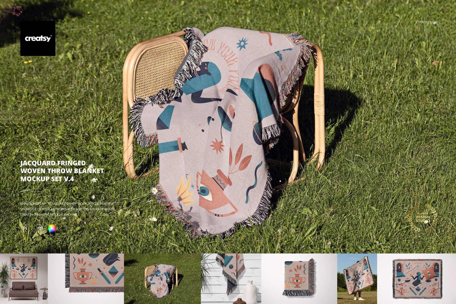 PSD mockup of a jacquard throw blanket with multicolored abstract motifs, arranged on a chair in a grassy yard.