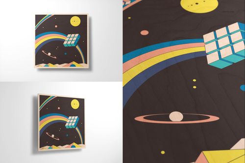 Mockup of square plywood wall art featuring rainbows, planets, and a Rubik's cube, displayed on a light background.