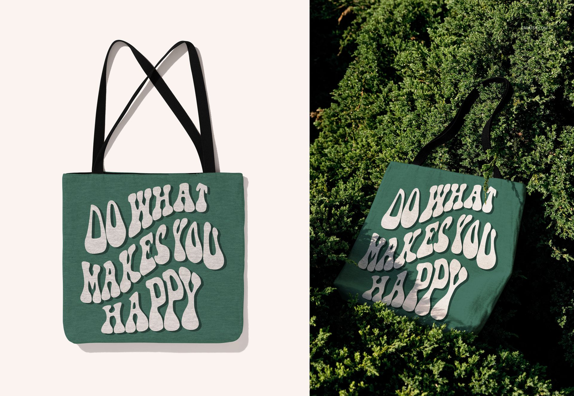 Mockup of a green tote bag with black handles and white graphic text, presented in studio and nature settings.