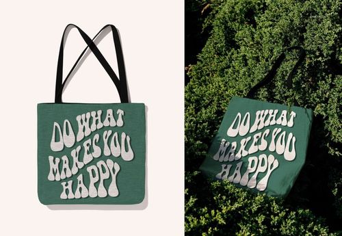 Mockup of a green tote bag with black handles and white graphic text, presented in studio and nature settings.
