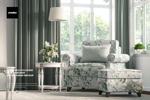 Floral patterned armchair and ottoman mockup set in a sunlit living space, accompanied by a round side table.