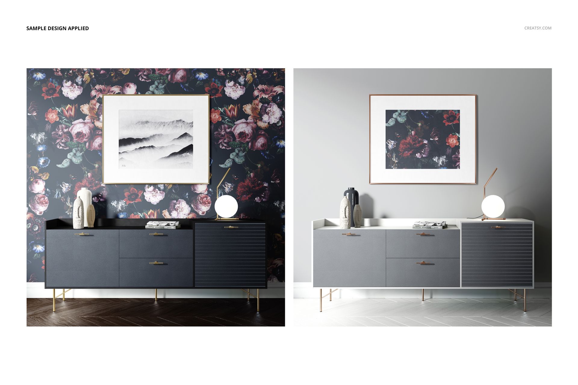 Modern living room scene with a floral wallpaper mockup, sideboard, table lamp, and framed artwork, front view.