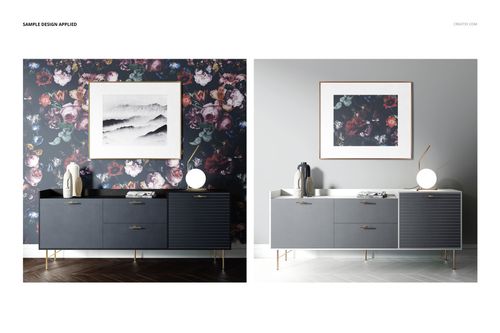 Modern living room scene with a floral wallpaper mockup, sideboard, table lamp, and framed artwork, front view.