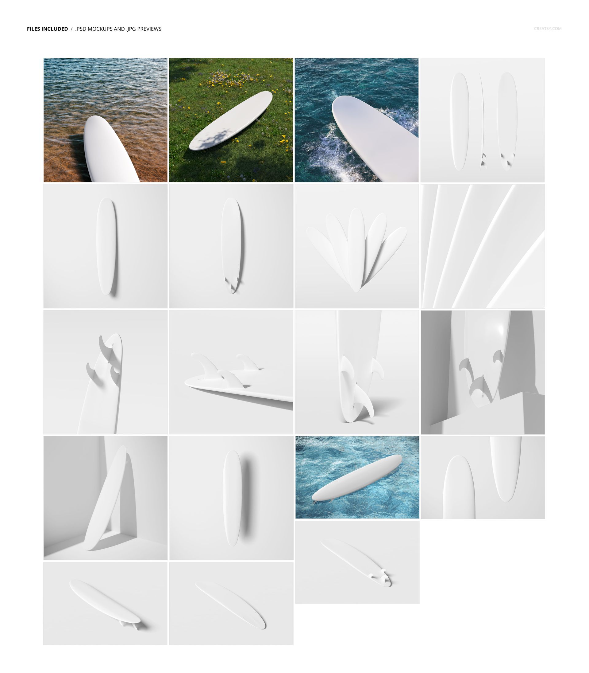 PSD mockup set of longboard surfboards with clean white surfaces, presented in studio and nature-inspired environments.