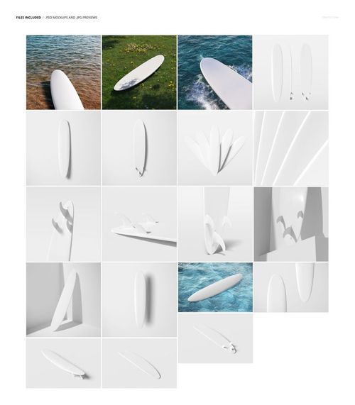 PSD mockup set of longboard surfboards with clean white surfaces, presented in studio and nature-inspired environments.
