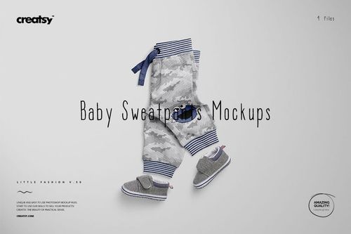 Front view of baby sweatpants mockup with gray camouflage pattern, blue waistband, and matching gray baby shoes on a light background.