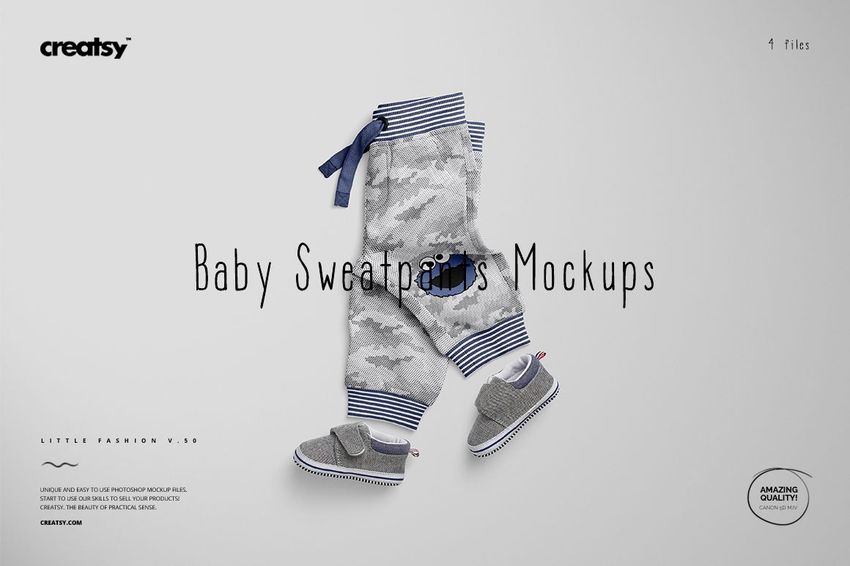Front view of baby sweatpants mockup with gray camouflage pattern, blue waistband, and matching gray baby shoes on a light background.