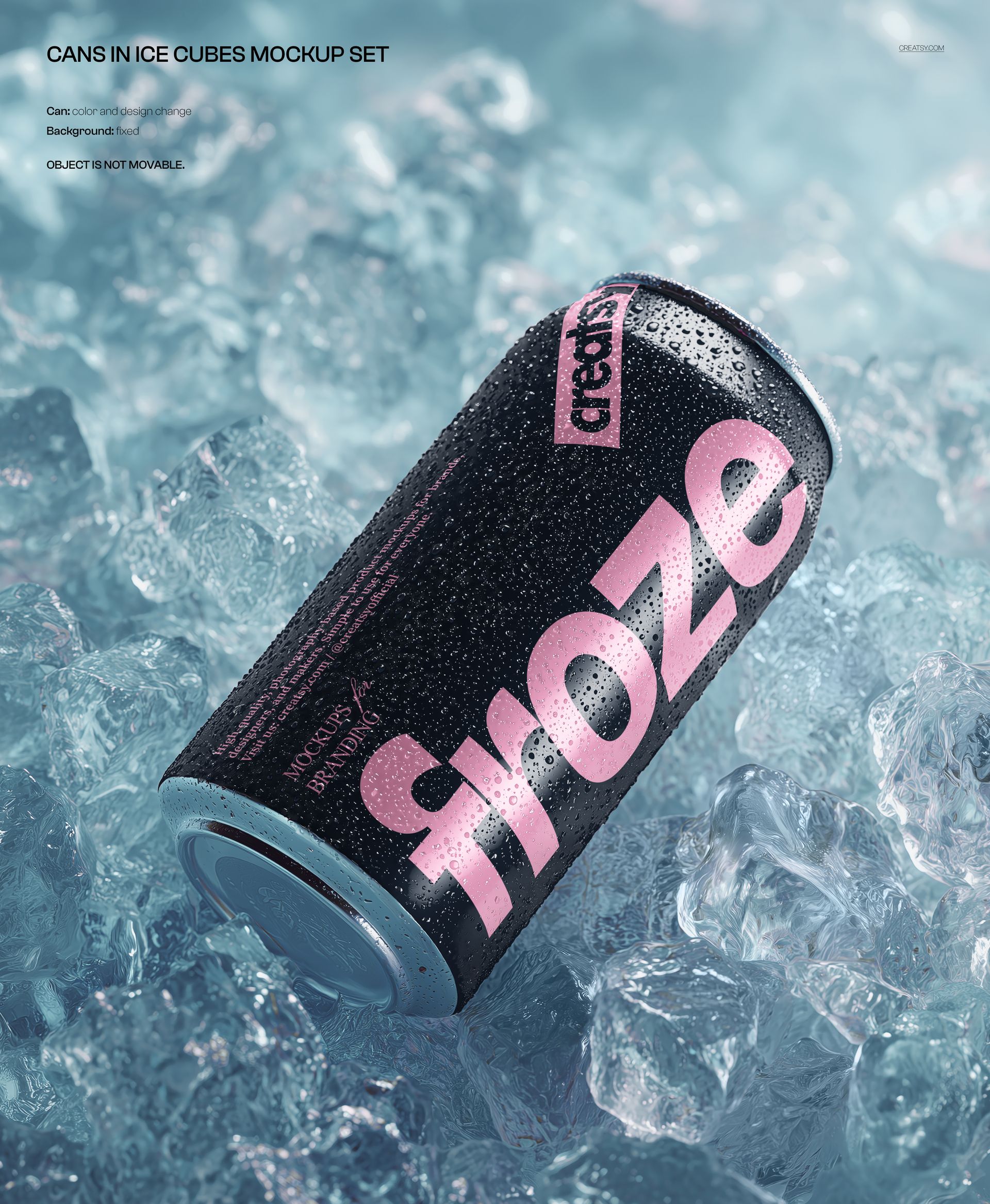 Mockup of a chilled drink can with condensation, placed among clear ice cubes in a detailed front view.
