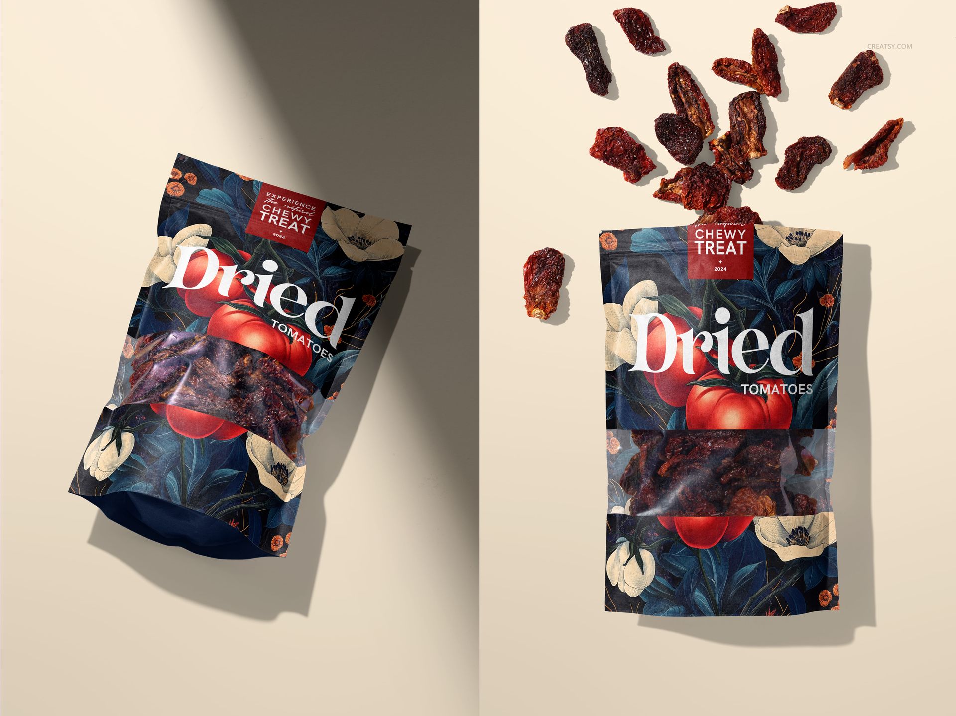 Sun-dried tomatoes paper pouch mockup with bold graphics, clear window, and scattered tomatoes on a neutral background.