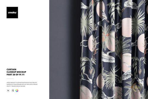 Close-up view of a curtain mockup featuring a dark fabric with botanical and geometric patterns in muted tones.