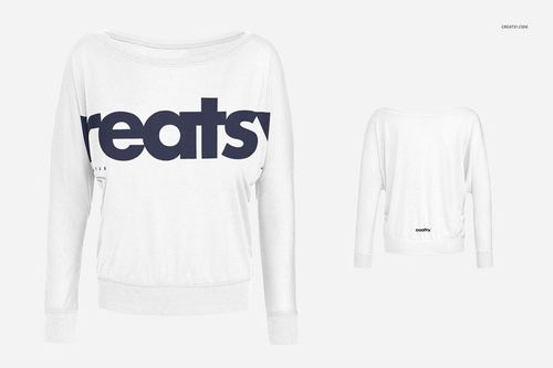 White women's off shoulder long sleeve tee mockup shown from front and back, featuring large navy lettering.