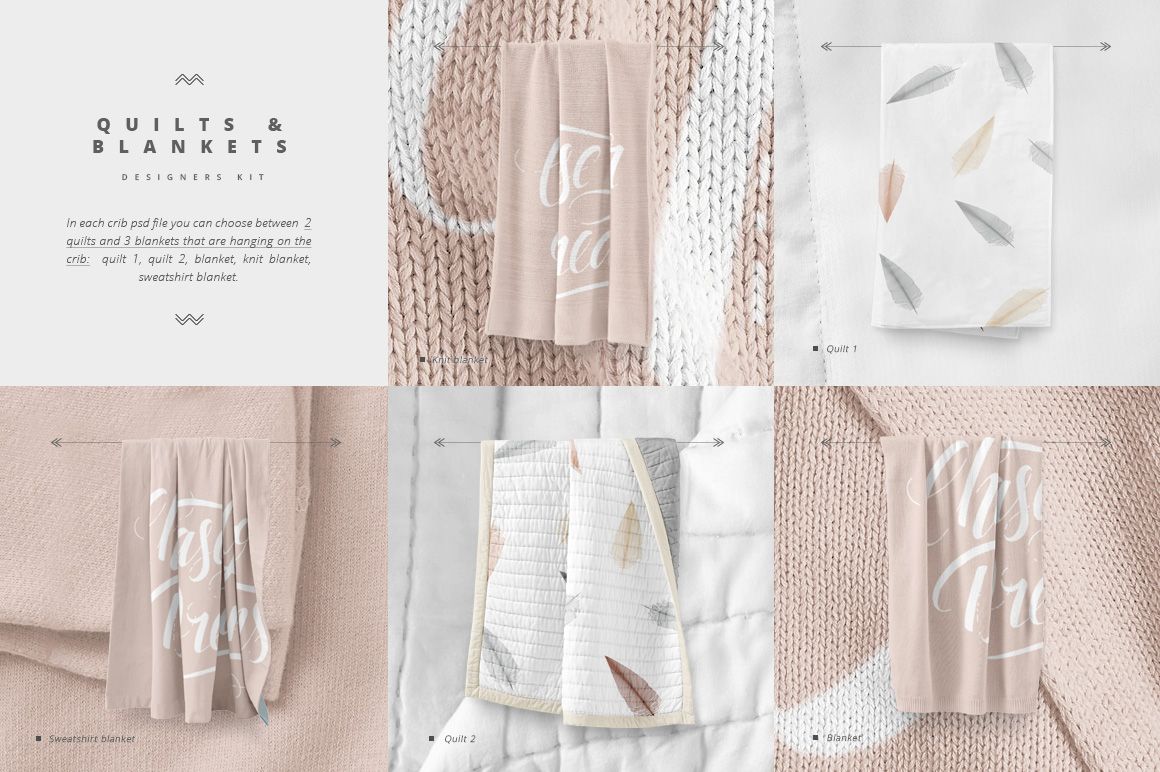 Crib bedding mockup set featuring quilts and blankets in soft pink and white tones, displayed from top and side views.