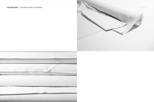 White fabric rolls and stacks arranged on a clean surface, shown from overhead and diagonal perspectives in a mockup.
