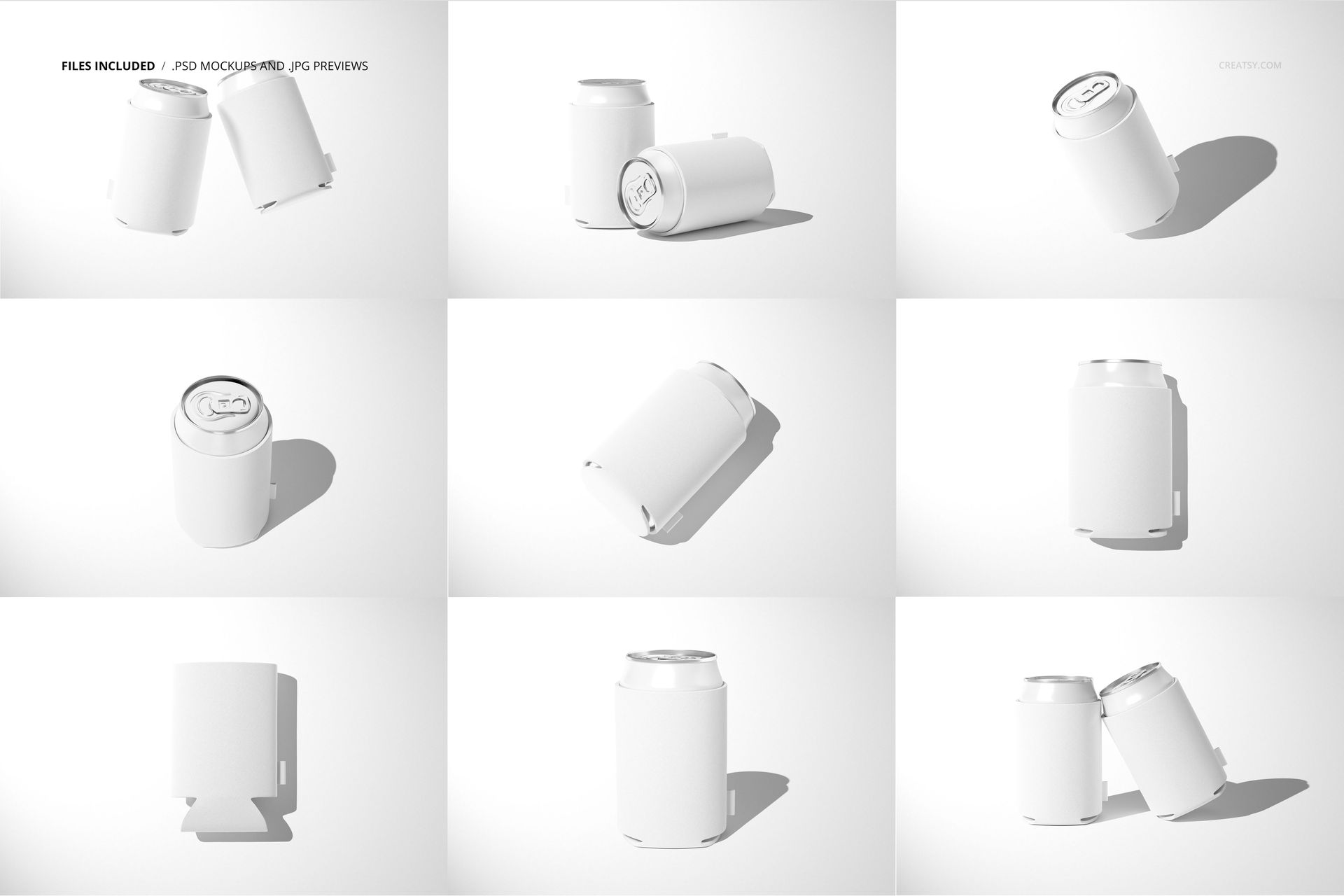 Set of nine neoprene can cooler mockups, each displaying a white can in different positions and perspectives.