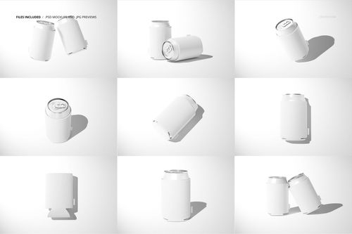 Set of nine neoprene can cooler mockups, each displaying a white can in different positions and perspectives.