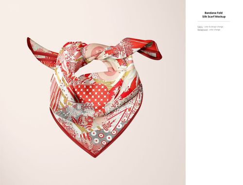 Silk scarf mockup featuring a folded bandana with intricate red, cream, and gray patterns on a light background.