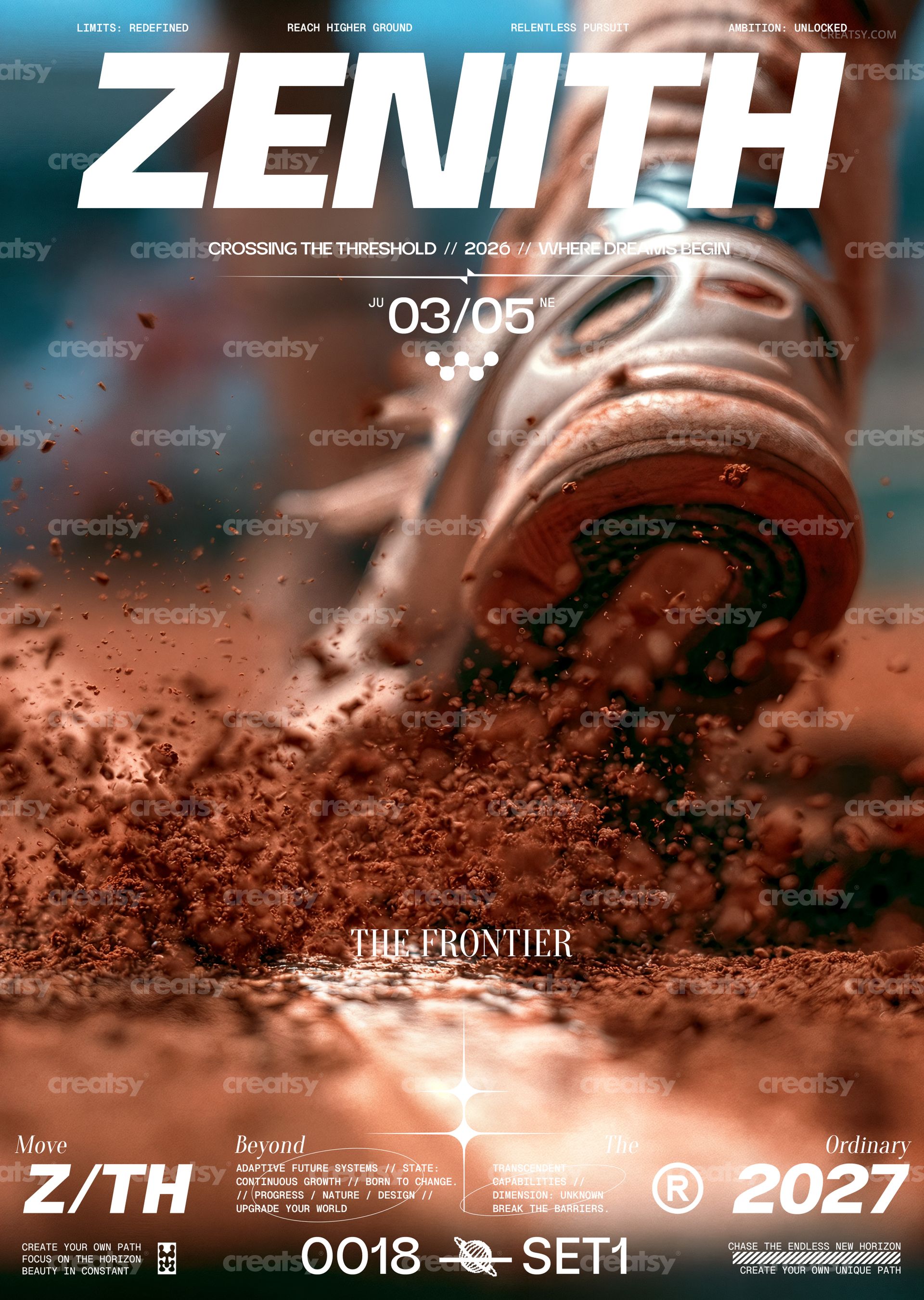 Poster mockup displaying a dramatic action scene with a sneaker in motion and scattered soil, viewed from the front.