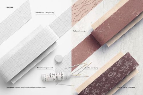 Mockup of cotton fabric ribbons laid over wooden paddles, featuring soft colors and minimalist design elements.