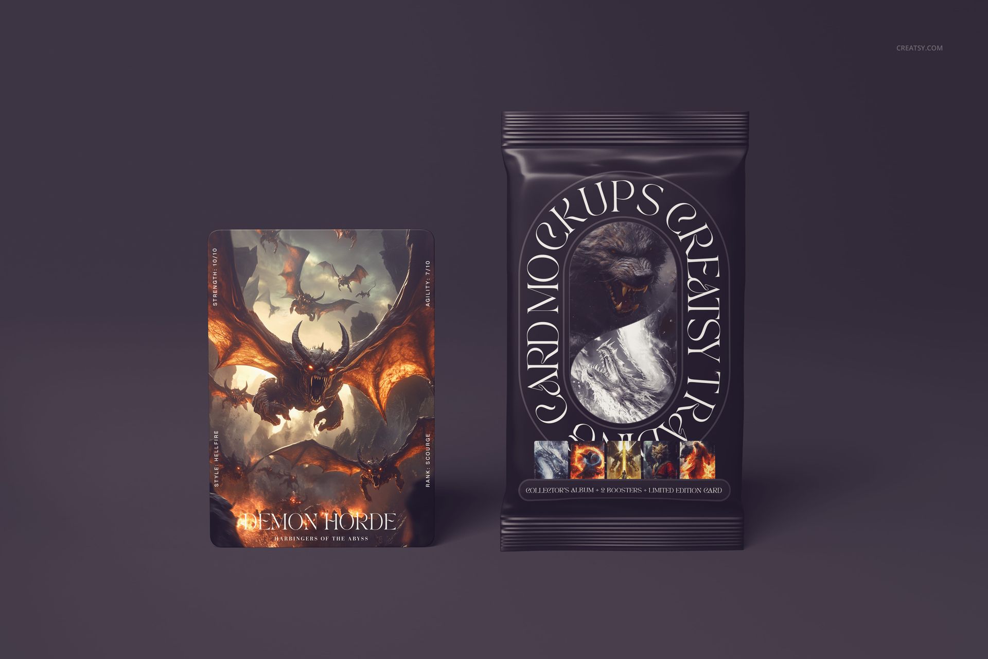 Fantasy-themed trading card and black pack shown side by side, highlighting card design and packaging in a mockup scene.