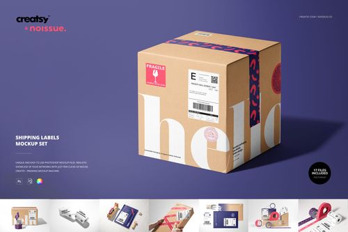 Mockup of a brown packaging box featuring a white shipping label and bold white text, set against a purple backdrop.